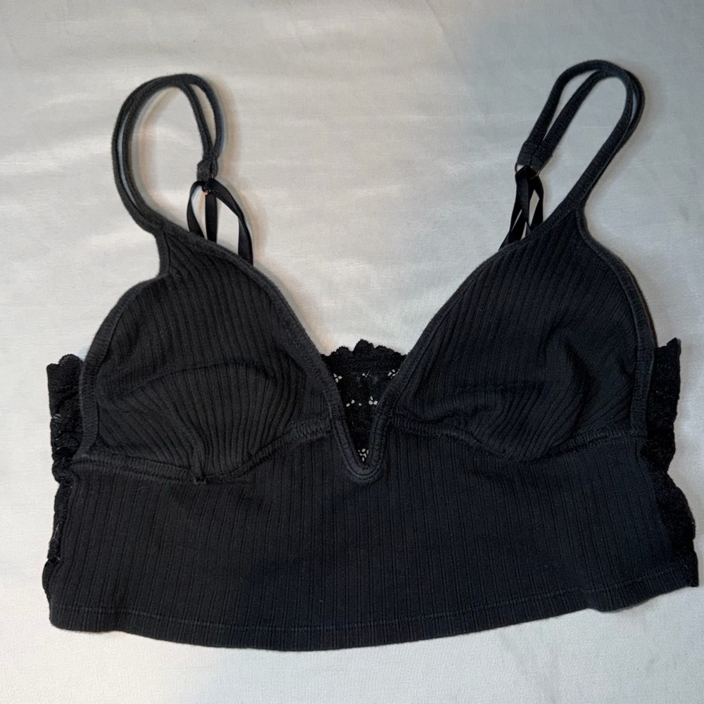 Aerie Real Me Black Lace Bralette Women Size Large Ribbed Strappy Bra